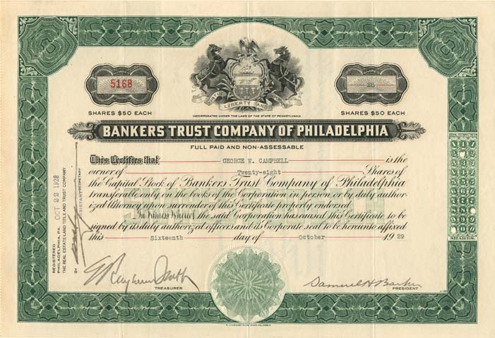 Bankers Trust Co. of Philadelphia - Stock Certificate